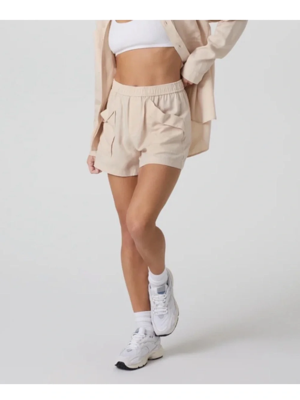 Vuori Shorts Womens S Trestles Twill Pull On Lyocell Linen Sand Dollar Pockets